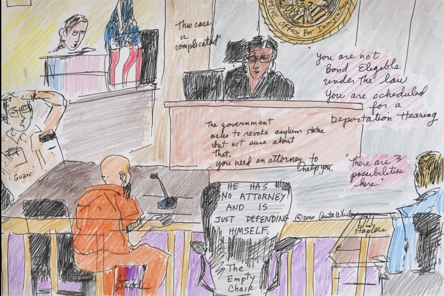 Sketch of immigration court where the judge is saying "You are not bond eligible under the law"